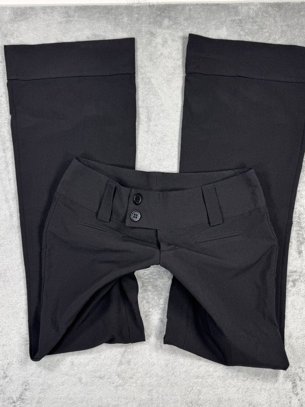 Y2K Office Siren Low Rise Flare Wide Leg Dress Pants Black Double Button Closure
